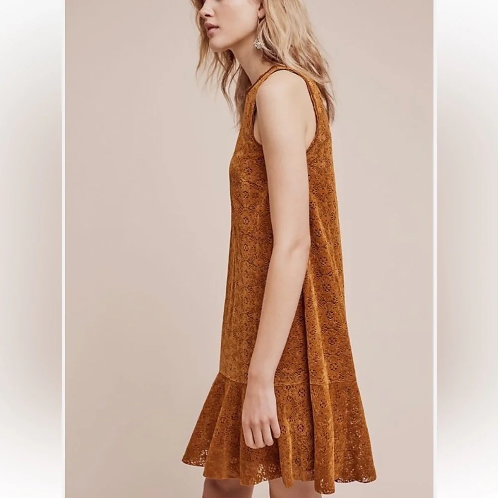 Maeve Amis Anthropologie Copper brown Velvet eyelet lace Ruffle Shift mini Dress
